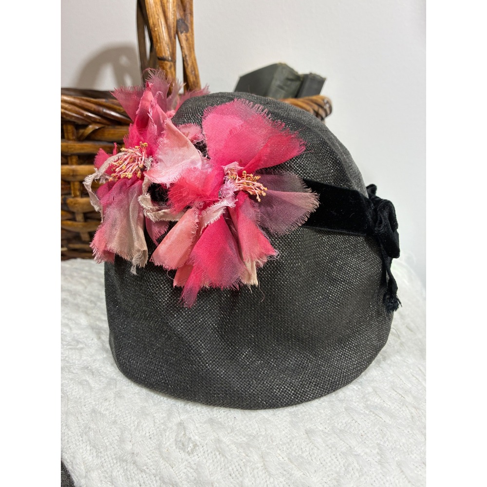 Vintage 1950s Black Straw Pillbox Hat Pink Flowers Velvet Bow Womens Cocktail
